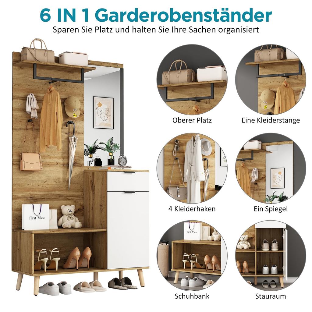 Set 190cm, Garderoben-Set Spiegel, Stylishe Schuhbank, Schuhschrank, Schublade, Regal, Kleiderhaken, Wandgarderobe Holzfarbe & Weiß