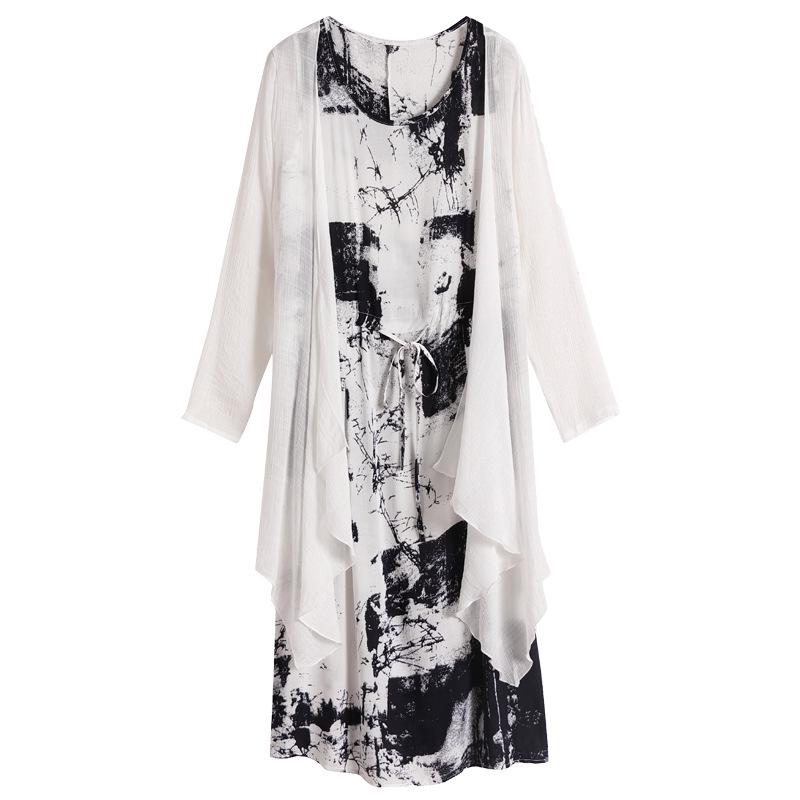 Summer Ethnic Ink Print Dress & Cardigan Set