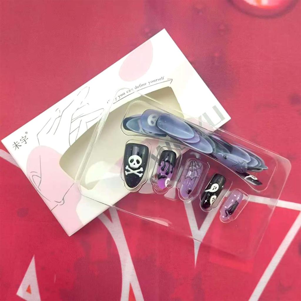 Short Almond Press on Nails Halloween Fake Nails Gothic Bat Acrylic Nail Cute Ghost False Nail with Purple Glitter Design Goth Halloween Nails Press