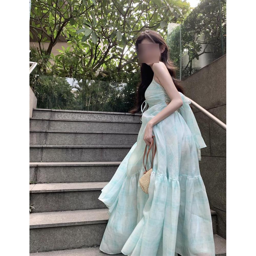 Small man sense vacation slimming dress temperament goddess sense blue long skirt women's summer dress
