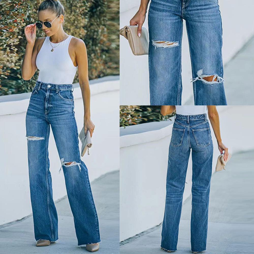 2025 Spring Women's High-Waisted Washed Ripped Wide-Leg Denim Jeans