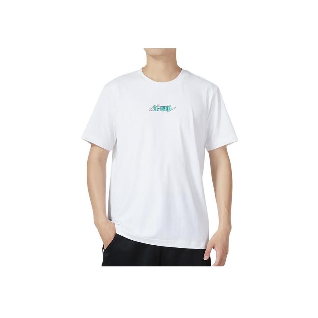 Li Ning Badminton Series Printed Letter Round Neck Pullover Short Sleeve T-Shirt Unisex Tops Standard-White AHST703-1