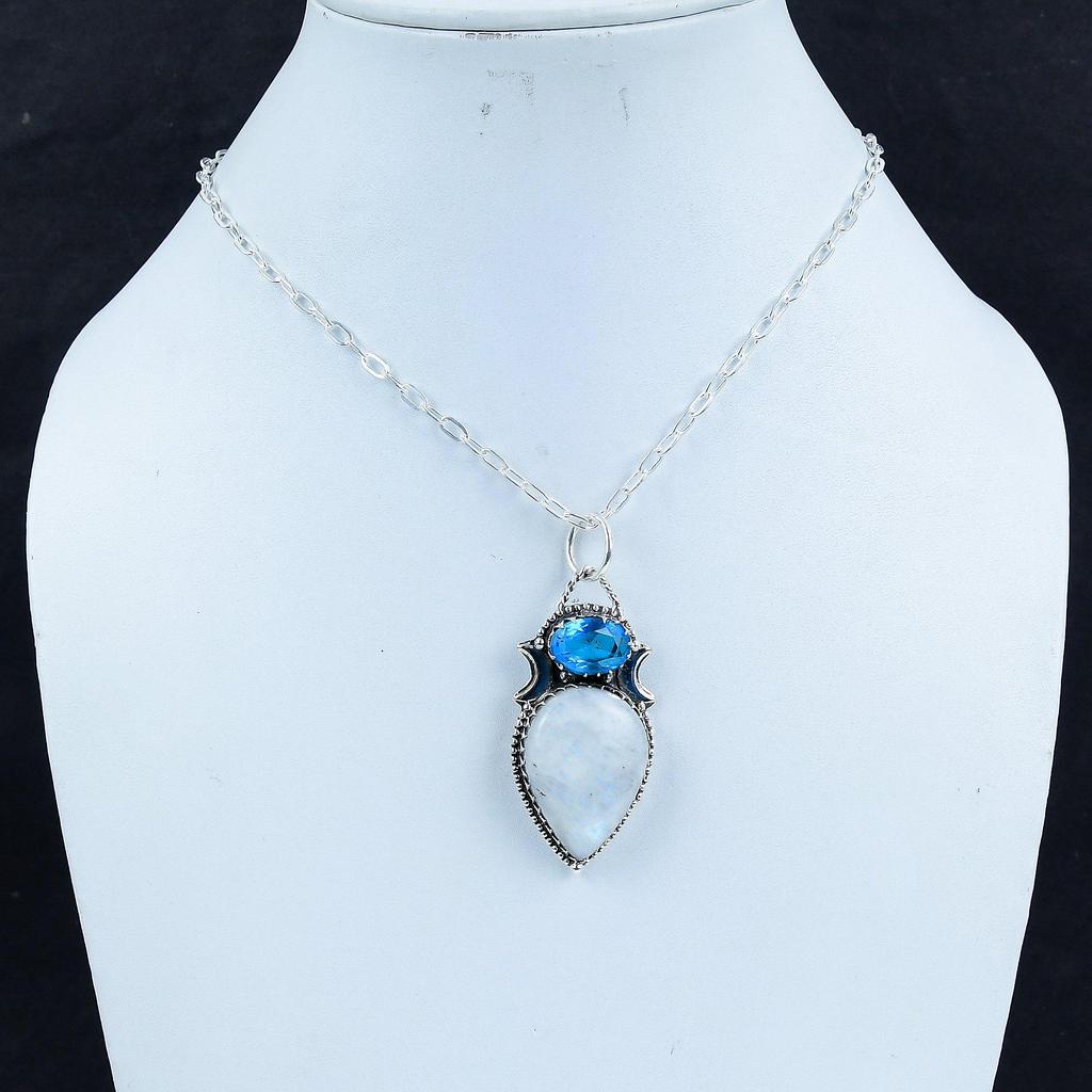 Natürlicher Regenbogen-Mondstein, Blautopas Edelstein Silberanhänger in 925 Sterlingsilber - Handgefertigtes Design, Alltagsschmuck Geburtstagsgeschenk für Ehefrau