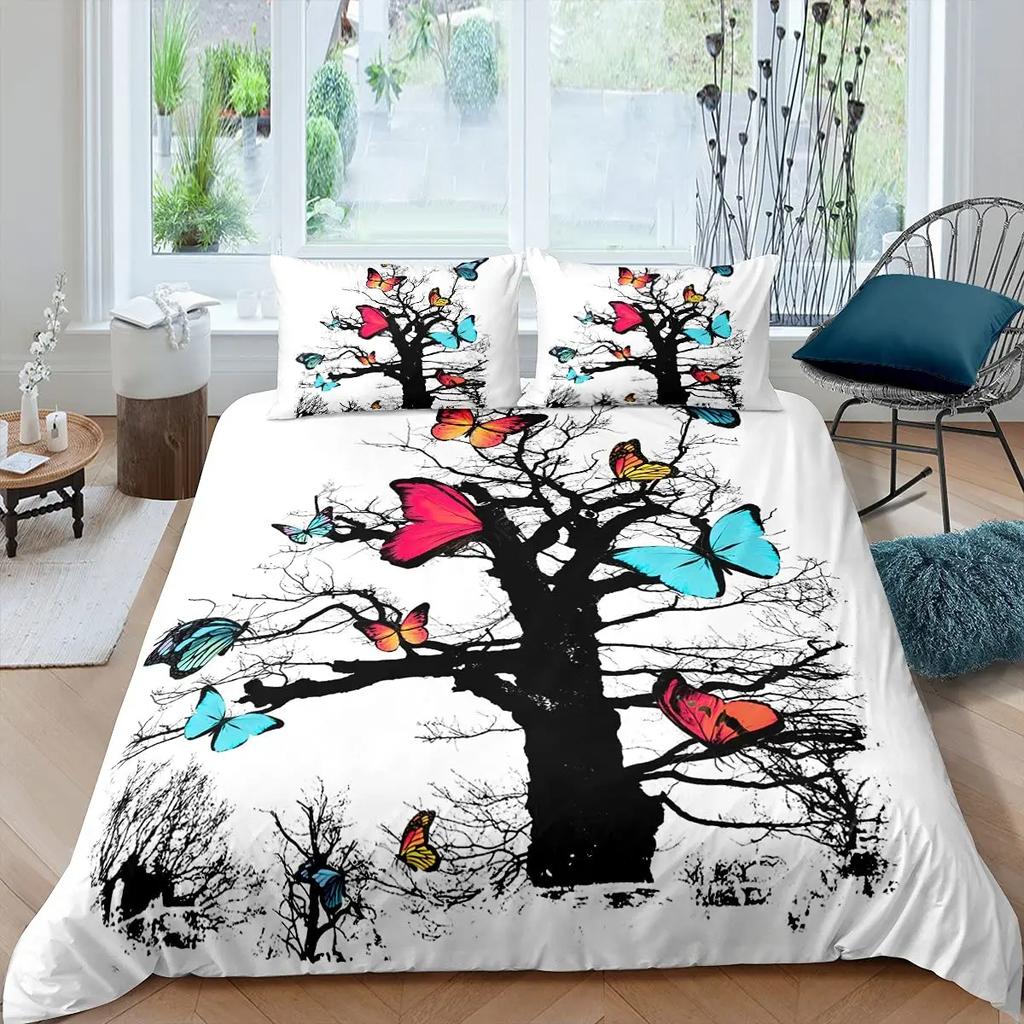 Flying Butterflies Duvet Cover Set Iridescent Butterfly Tree of Life Bedding Sets,Autumn Maple Leaf Comforter Cover Quilt Cover