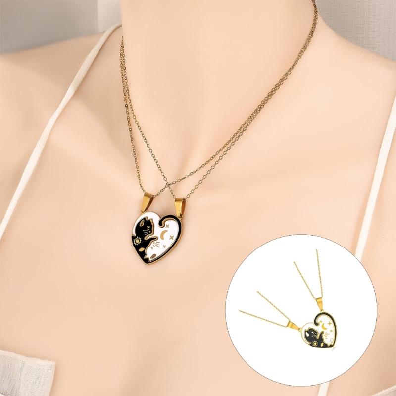 Comfort Couple Necklaces Featuring Adorable Cats Black and White Design Metal Neck Chain Jewelry for Him and Her