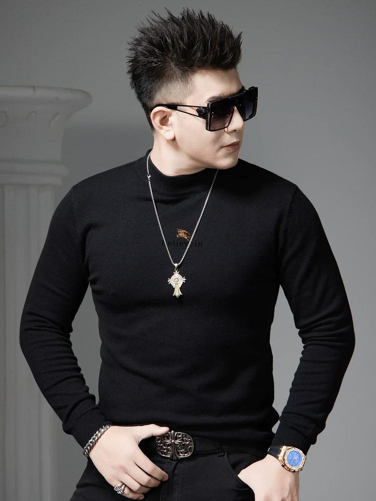 

European-Style Half-Turtleneck Sweater for Men, Autumn Trendy Brand Printed Base Shirt, 2025 New Model, High-End Men s Knitwear 4XL чёрный