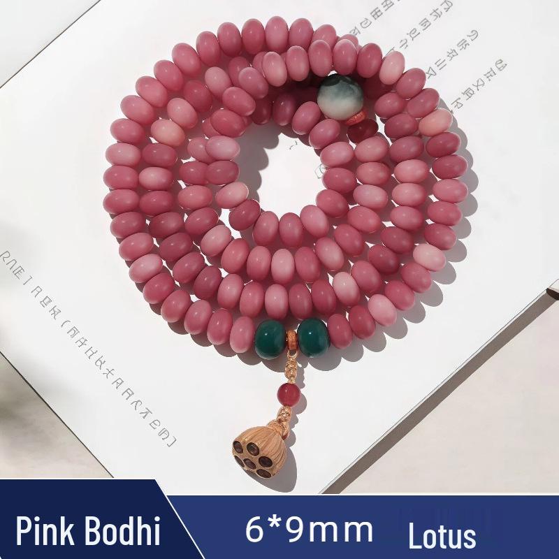 Zen Style Bodhi Root Bracelet with Lotus Pendant for Women, 108 Pink Beads
