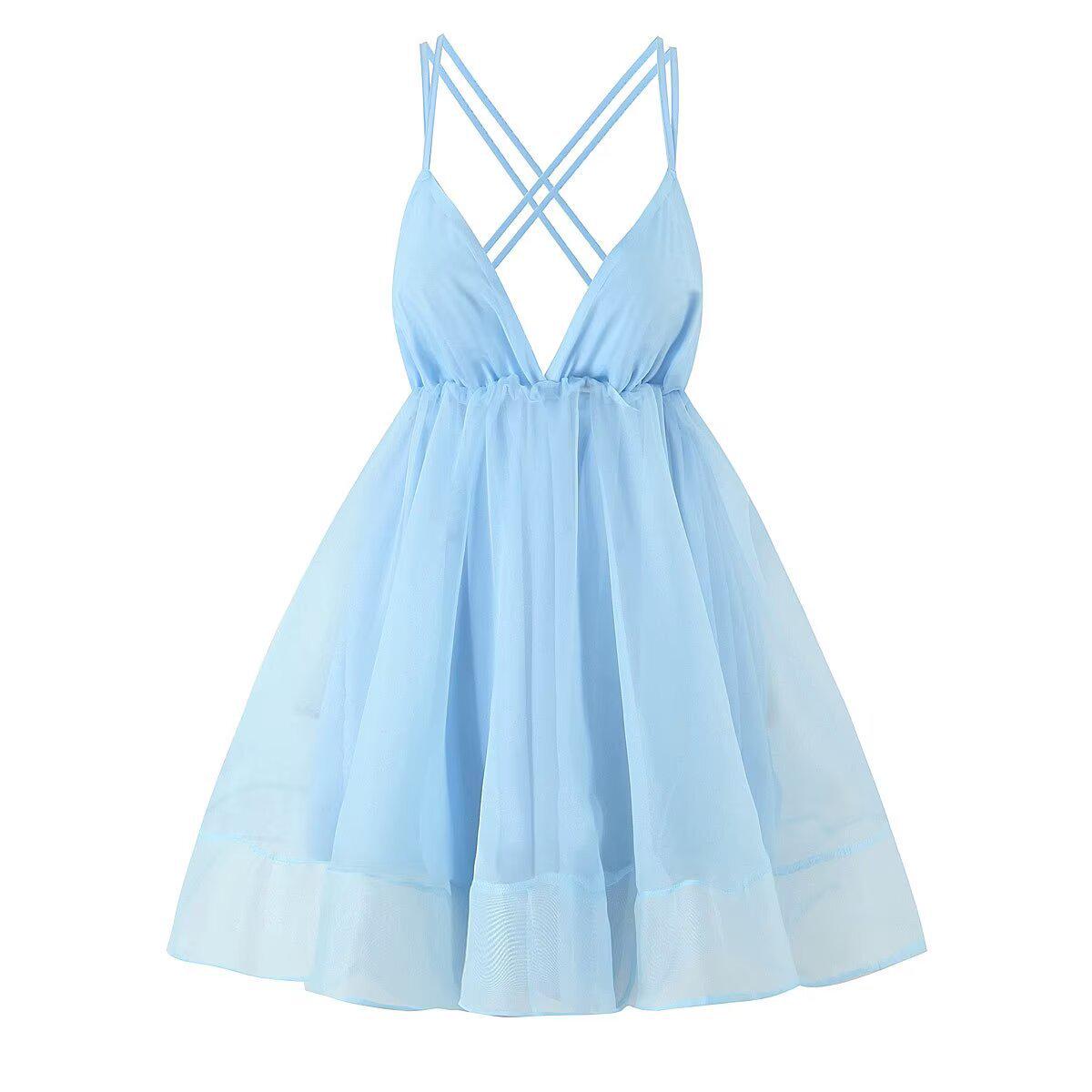 

European-American French Deep V-Neck Strappy Open Back Beach Vacation Puffy Dress Large світло-синій колір