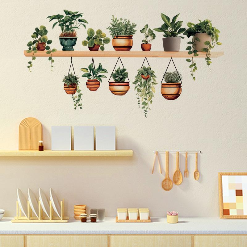 3D Green Plants Wall Stickers Potted Hanging Baskets Vinyl Mural Art Decals for Kitchen Study Living Room Decoration