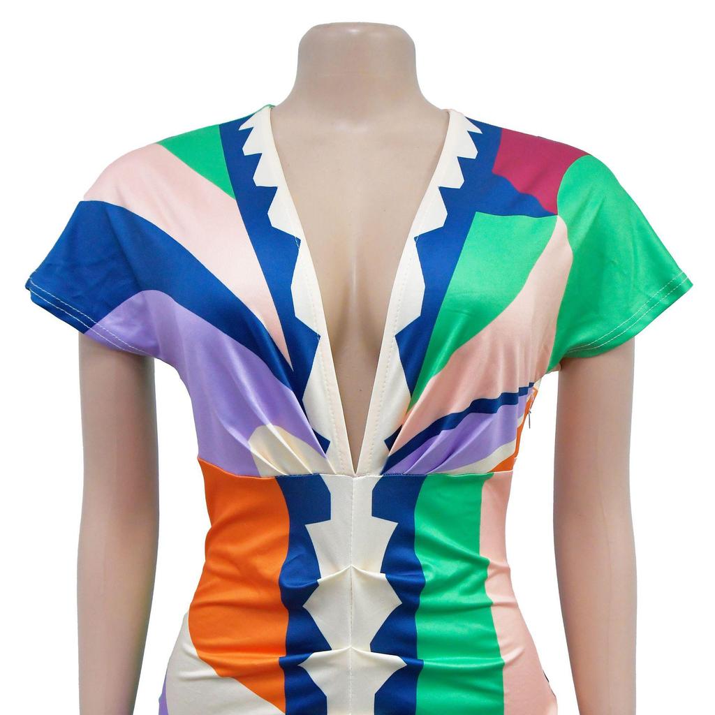 Women's European and American V-Neck Printed Slit Pleated Long Dress X6660