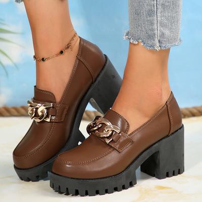 Chain High Heels Woman Loafers Shoes Leather Chunky Fashion Dress Walking Shoes Women 2024 Trend Pumps Elegant Zapatillas Female