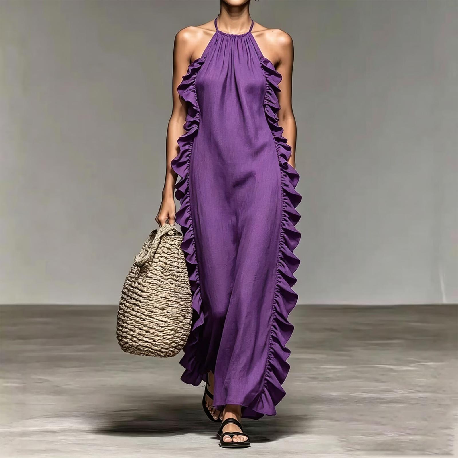 

Women Sleeveless Halter Neck Maxi Dress with Ruffle Trim Tie Back Design Vacation Beachwear Summer Dress M фиолетовый