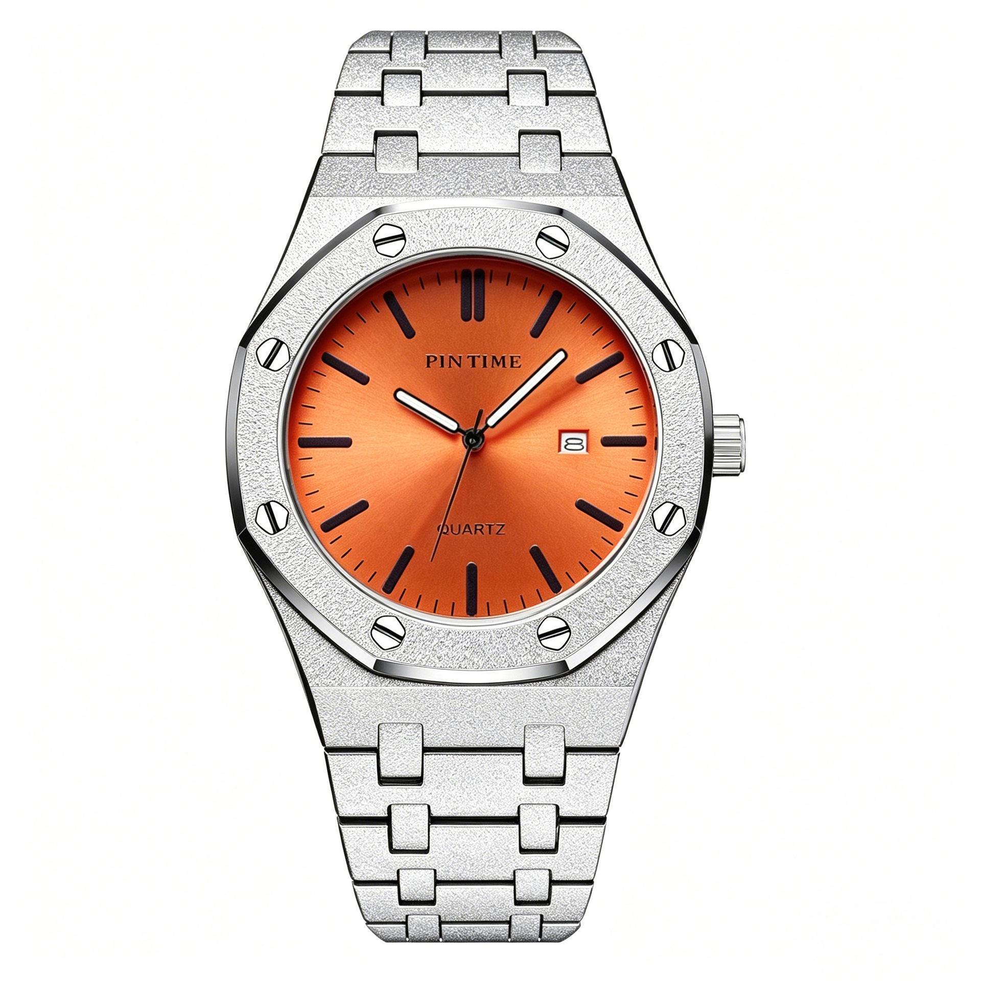 Luminous Mens Quartz Watch Octagonal Zinc Alloy Wristwatch Daily Waterproof Analog Date Watches Silver band оранжевый