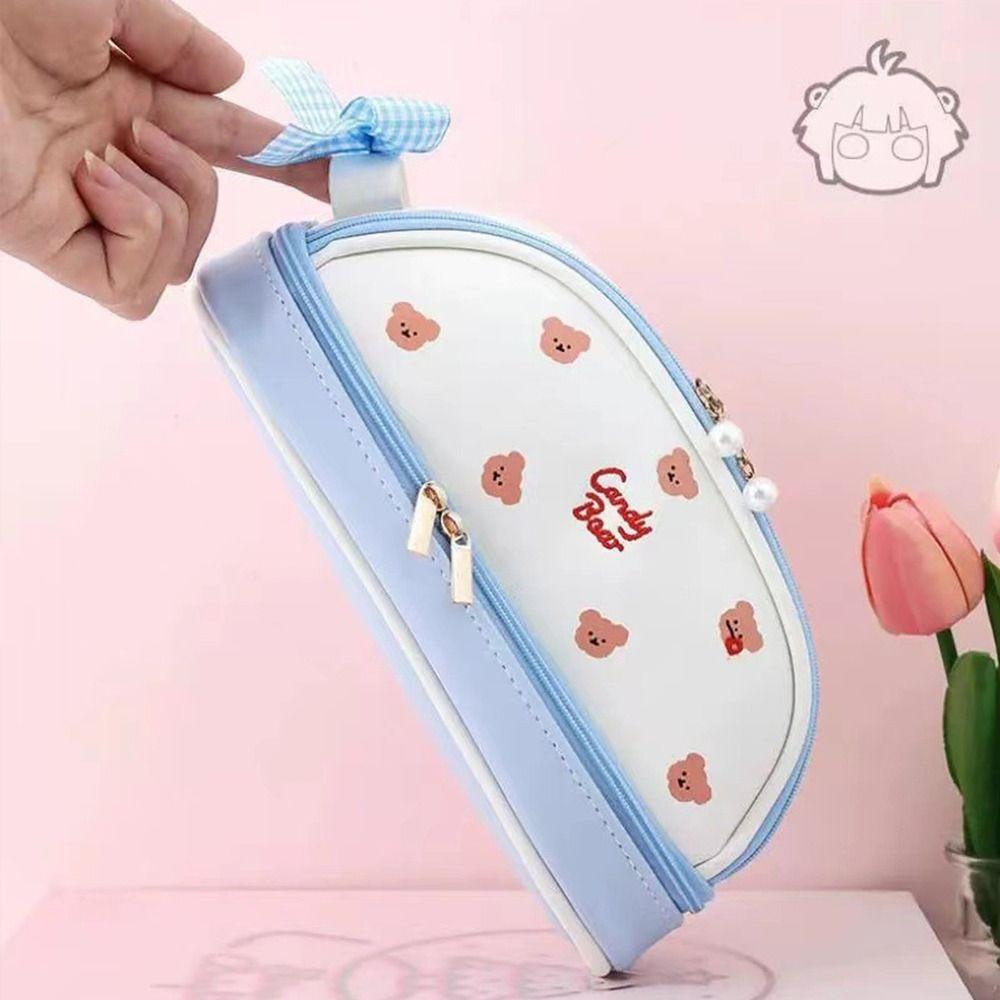 Smile Cherry Pencil Case Strawberry Double Layer Pen Pouch Portable Cute Pencil Bag  Girl