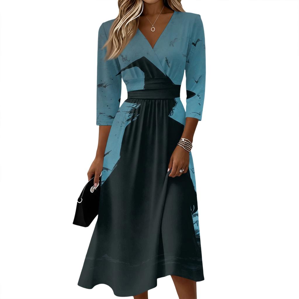 Women's Casual Three-Quarter Sleeve V-Neck Dress with Back Zipper for Everyday Wear