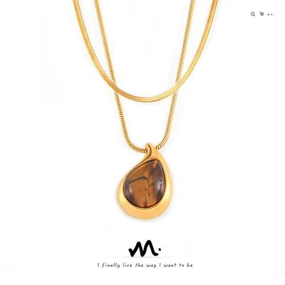 Maillard Elegant Teardrop Pendant Necklace with Tiger Eye Inlay In Titanium Steel.