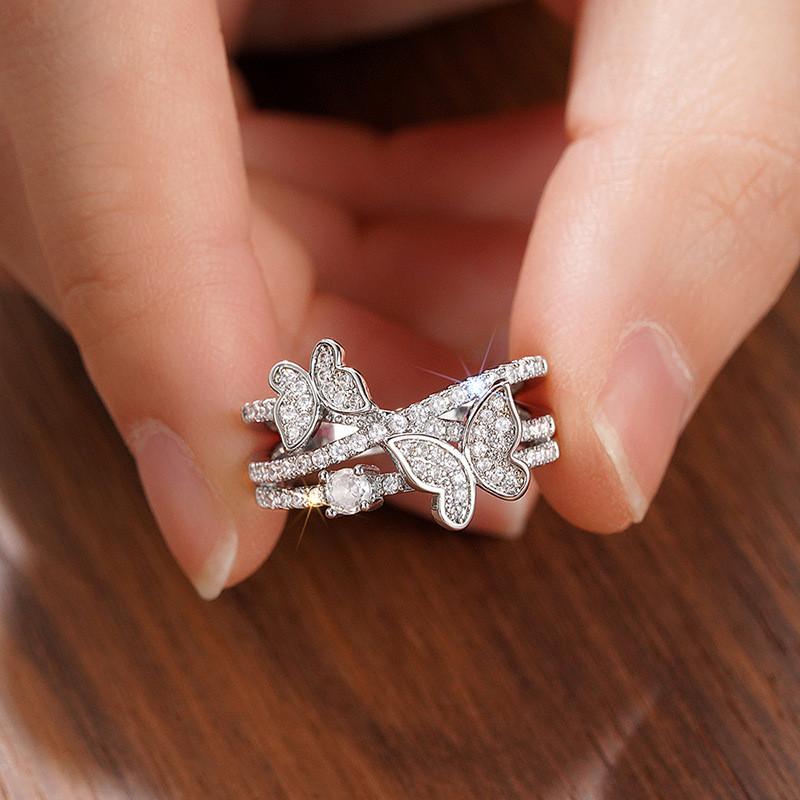 Sterling Butterfly Rings for Women Luxury Bright Zirconia Female Aesthetic finger Band Accessories