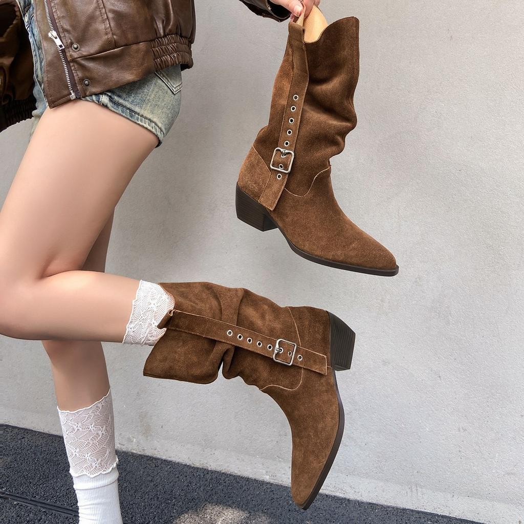 Cowhide Edition~ Thick Heel Versatile Retro Boots Women's Belt Buckle Pleated Pile Boots Mid-tube Western Cowboy Boots