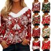 Top Navideño Estampado para Mujer con Mangas Largas, Cuello en V y Cuello de Peluche