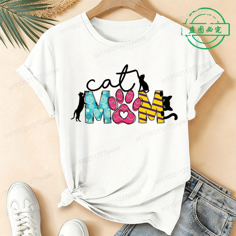 

Summer Fashion Women Tshirt Short Sleeve Women Tshirt Ladies Tee Shirt Top Cat Mom Print Graphic T-Shirts Female Camisetas Mujer S