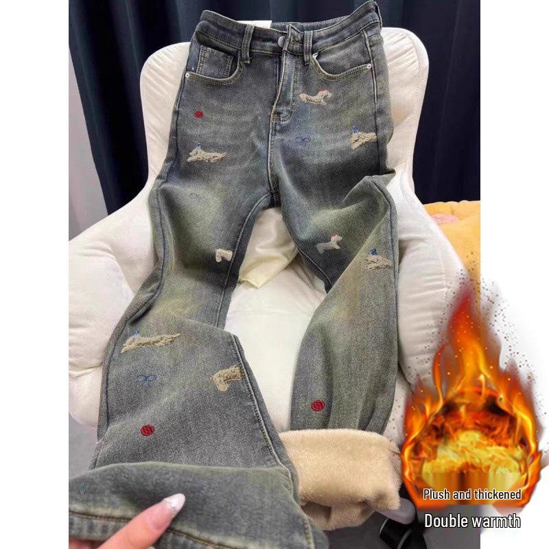 Plus Size High Waist Fleece-Lined Micro-Flare Jeans for Women - Slimming, Elastic, Wide Leg Bell Bottoms for Autumn/Winter