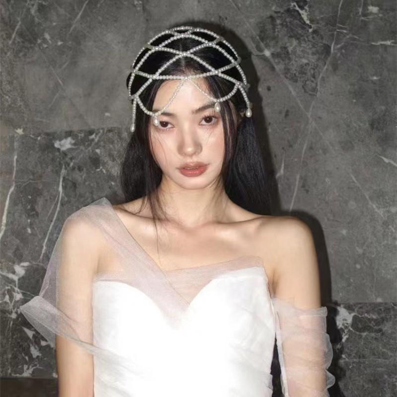 Handmade Bohemian Bridal Headpiece With Pearl Drop Beads Mesh Hair Accessory Wedding Party Fashion Show