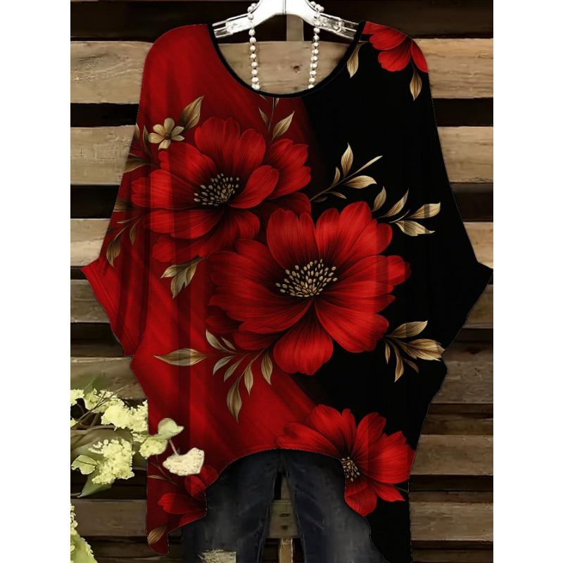 

Red flower women s large size short-sleeved T-shirt, irregular hem design 1XL