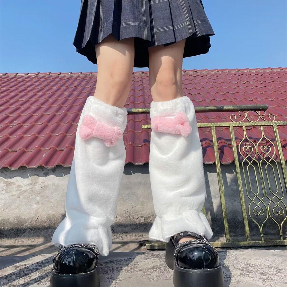 Plush Fur Leg Warmers Pink Bow Tie Leg Covers Kawaii Long Stockings  Japanese