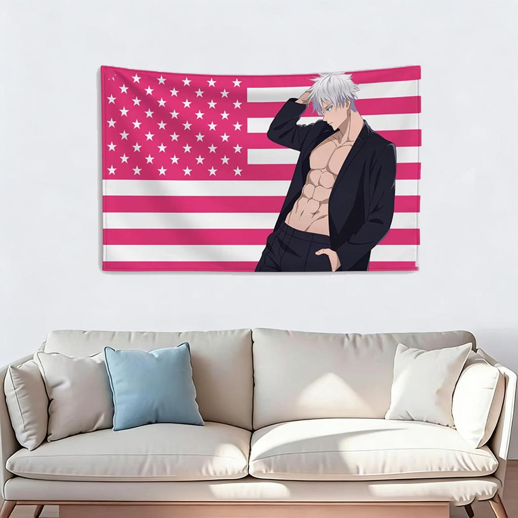 Anime Jujutsu Kaisen Pink American Flag Gojo Satoru Banner Home Decor Items Barber Shop Outdoor Decorations Tapestry Flaga Flags