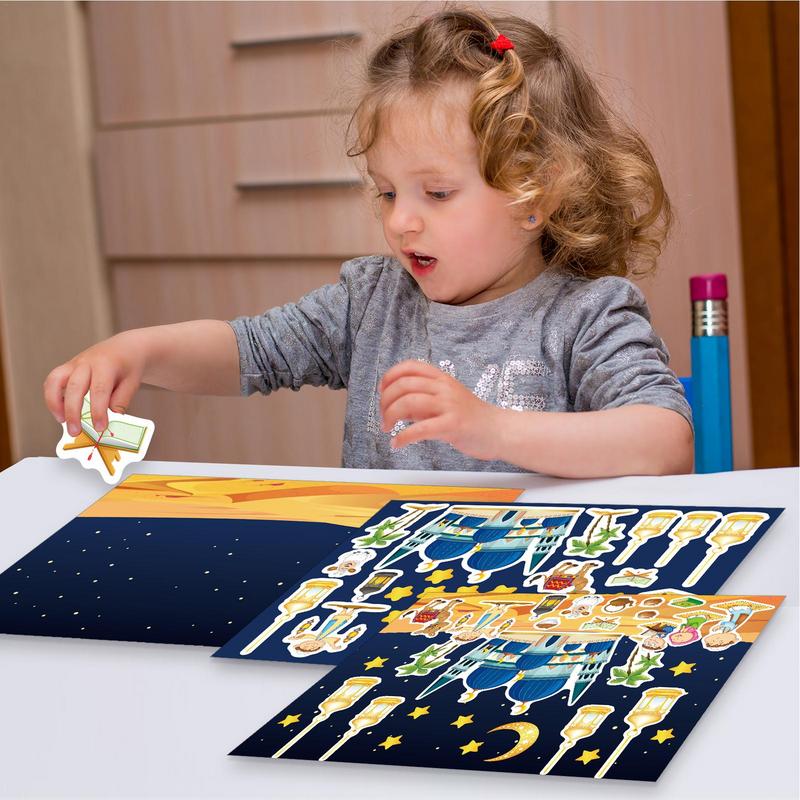 Eid Mubarak DIY Stickers 12Sheets Ramadan Moon Castle Elements Wall Decals Kids Puzzle Game Toys Islam Muslim Party Supplies
