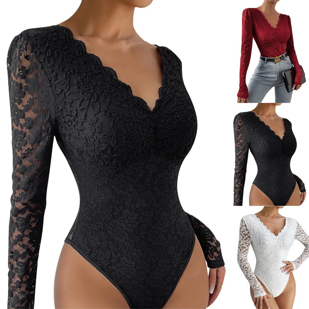 Moda damska Seksowne, jednokolorowe koronkowe, wąskie body z długim rękawem