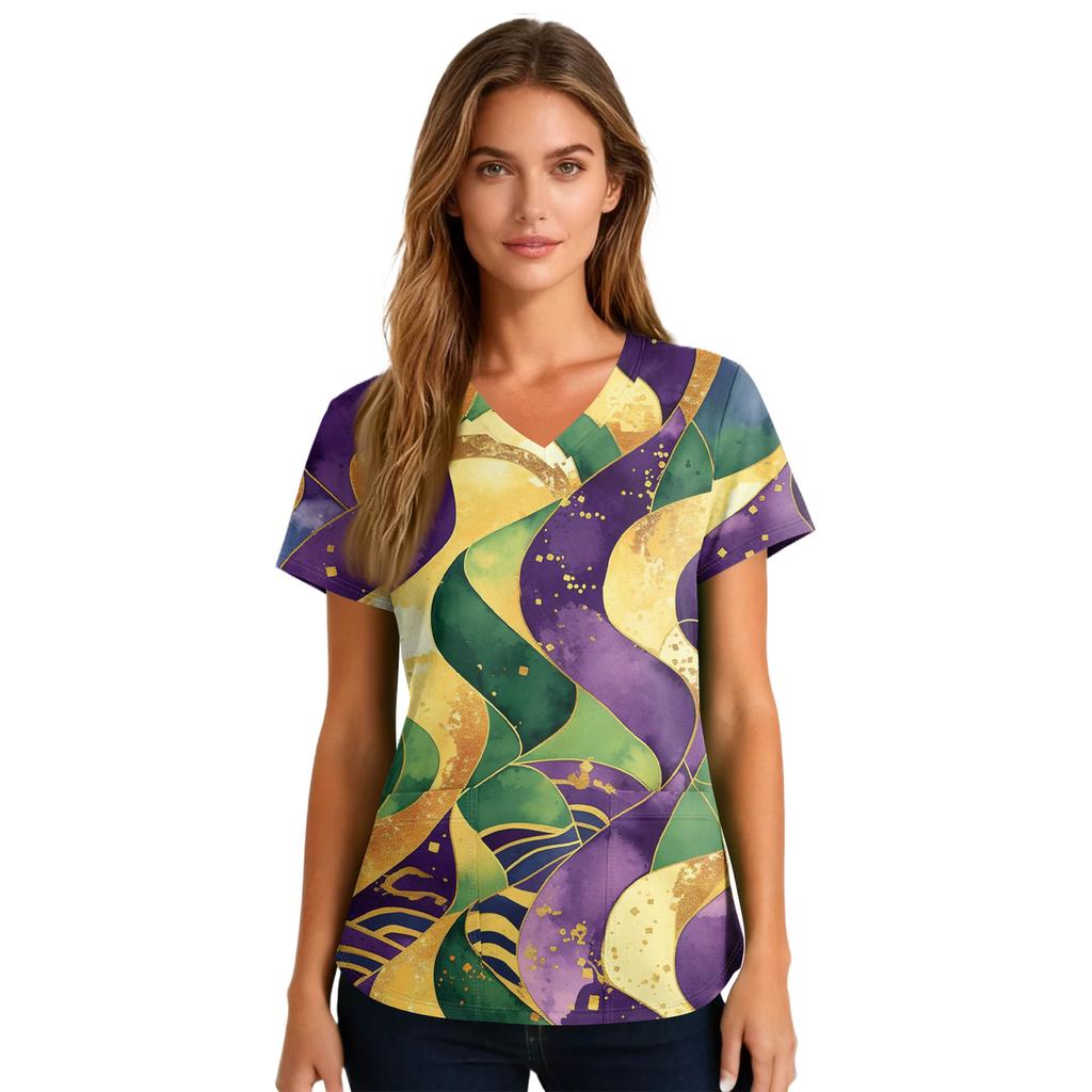 Ladies' Carnival Printed Fashion V-neck Pocket Short Sleeved Nurse's Wear And Worker's Top