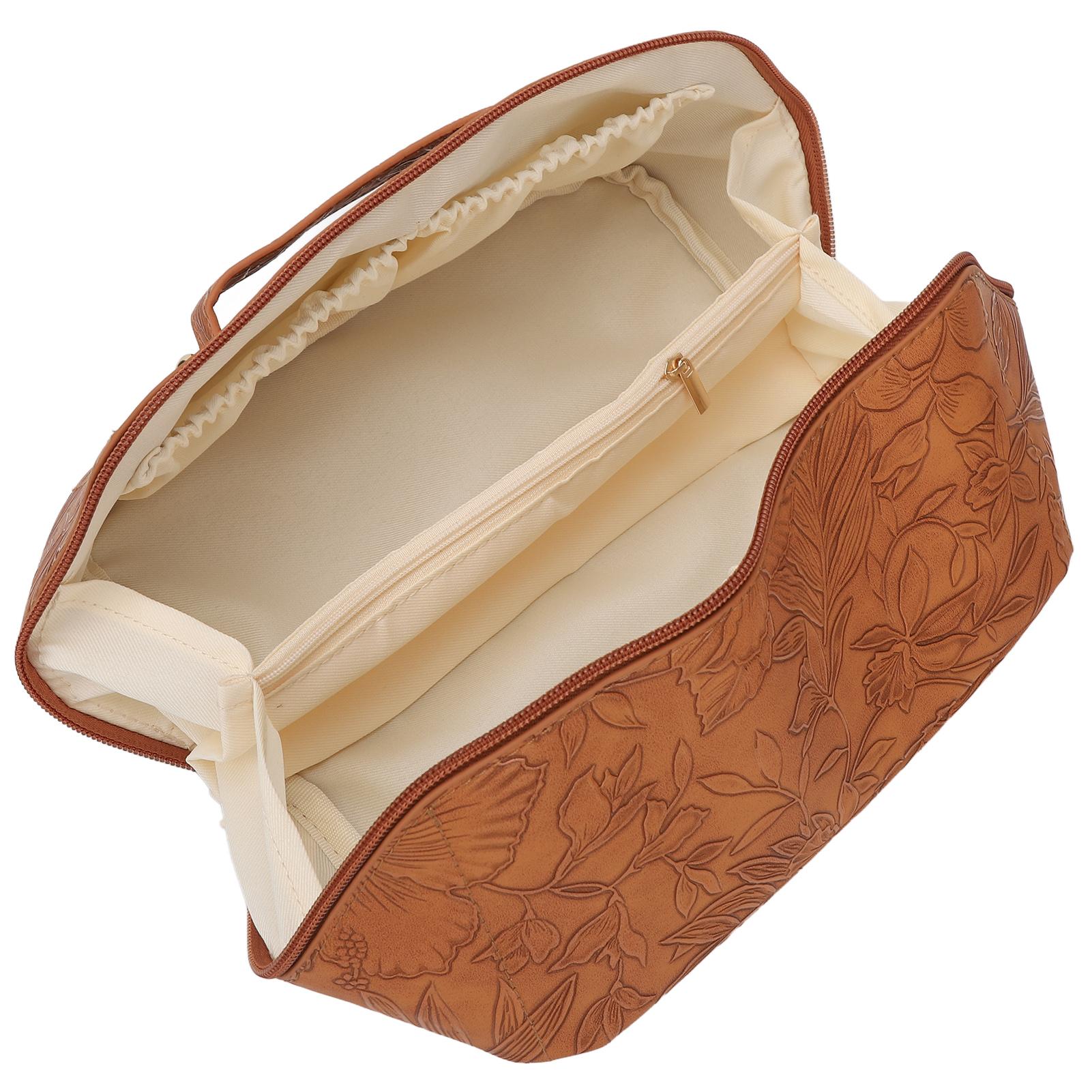 Travel Makeup Bag PU Leather Large Capacity Makeup Bag Relief Flower Pattern PortableToiletry Bag Caramel Color for