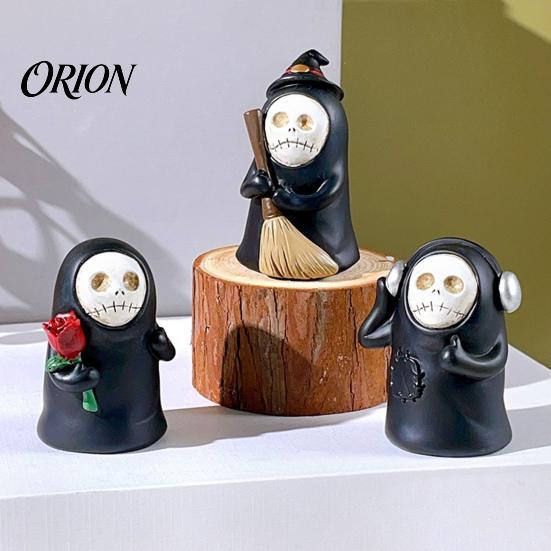 Funny Gothic Desktop Figurine Halloween Ghost Figurine, Spooky Black Robe Statue, Cute Dark Theme Party Supplies Skull Resin Ornament for Home