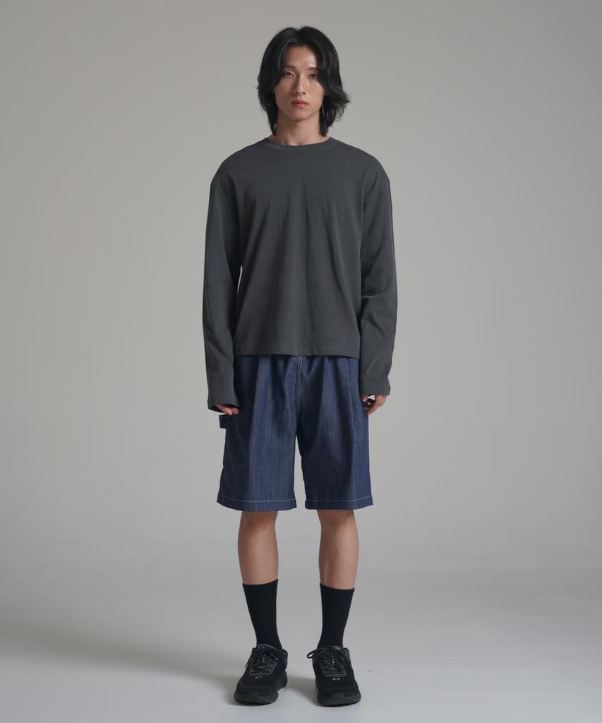 Noming Denim One-Pleat Strap Wide Bermuda Shorts - Blue