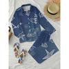 Fun Resort-style Long-sleeved Trousers Suit for Women, Blue Space Graffiti Printed Shirt, Wide-leg Trousers Two-piece Set