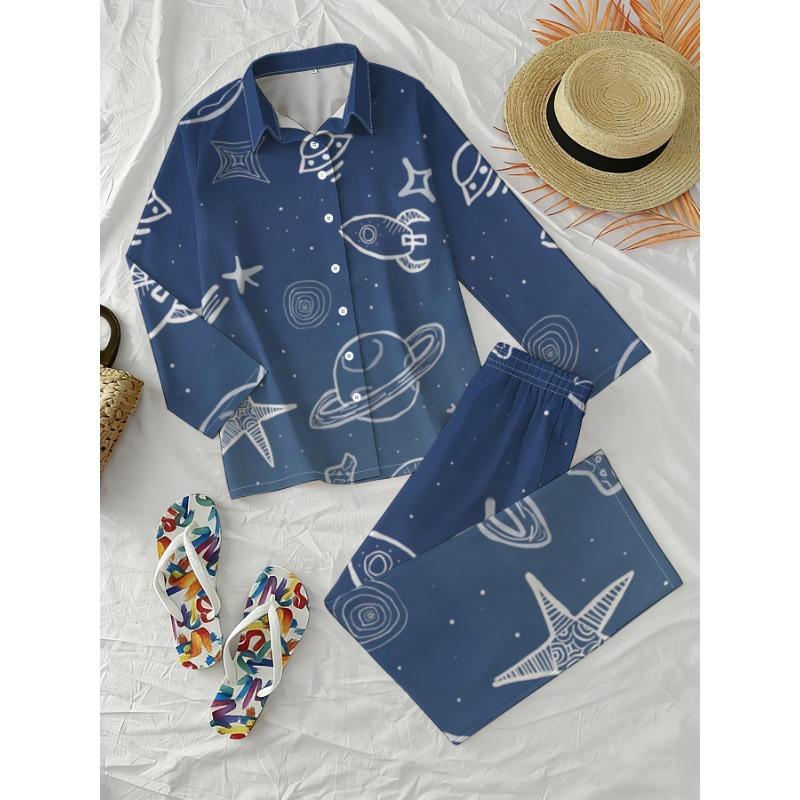 Fun Resort-style Long-sleeved Trousers Suit for Women, Blue Space Graffiti Printed Shirt, Wide-leg Trousers Two-piece Set
