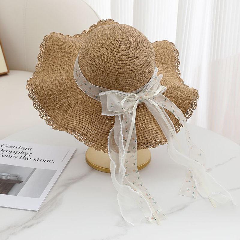 Lace bow straw hat big brim sun hat seaside vacation sun protection beach hat straw French hat