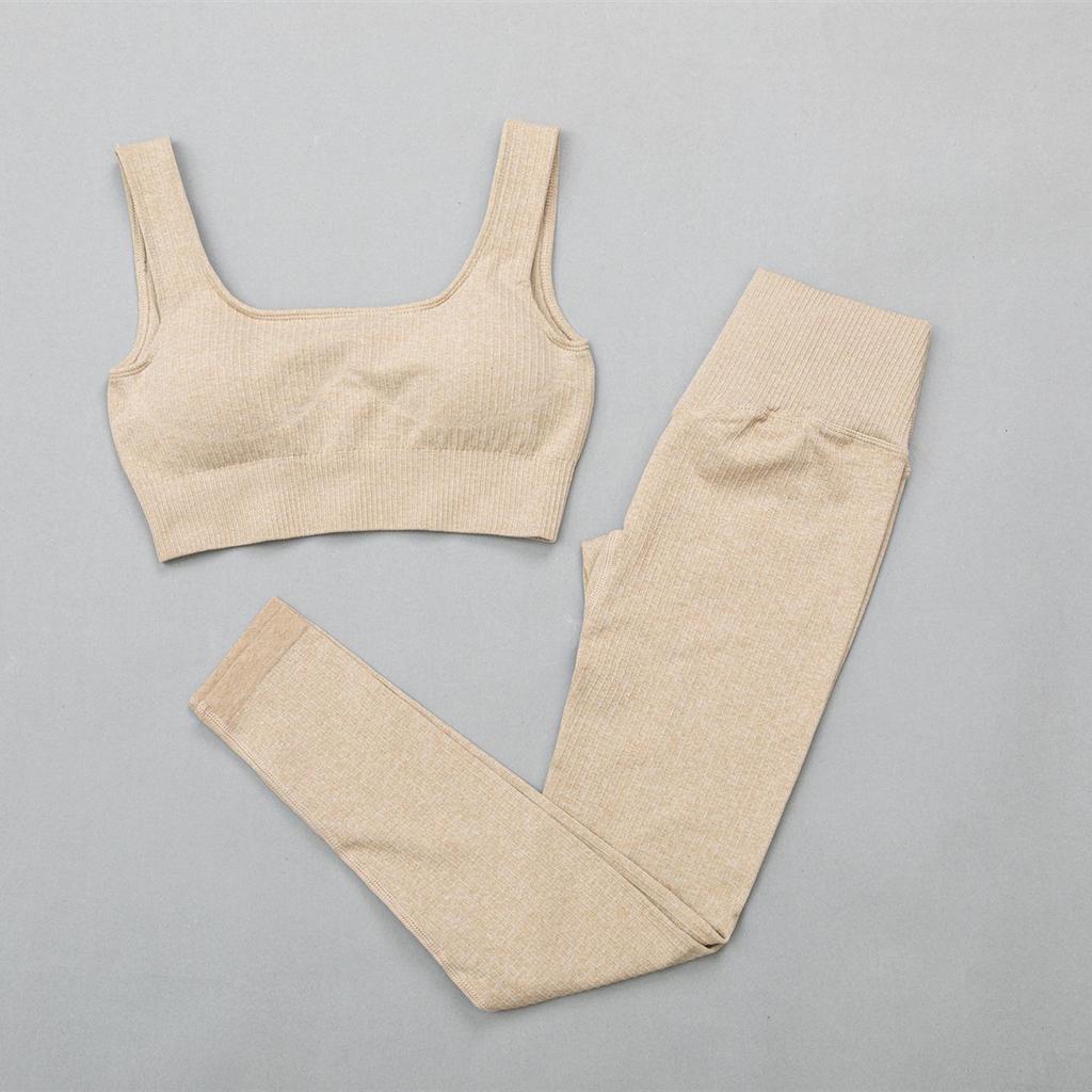 Women's Solid Color Seamless Ribbed Sports Bra and High Elastic Yoga Set