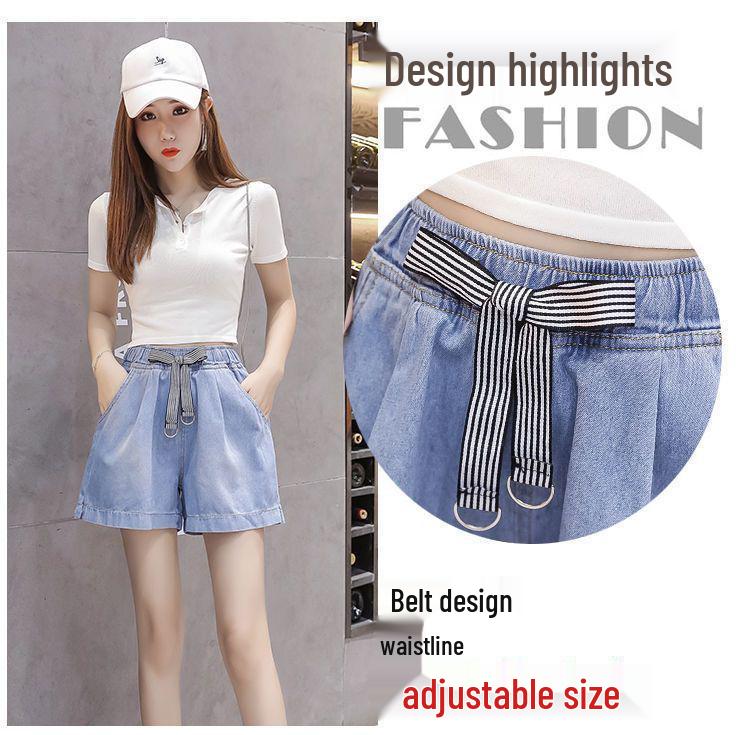 2026 Summer Women's Plus Size Elastic High-Waist Loose Wide-Leg Denim Shorts with Lace-Up