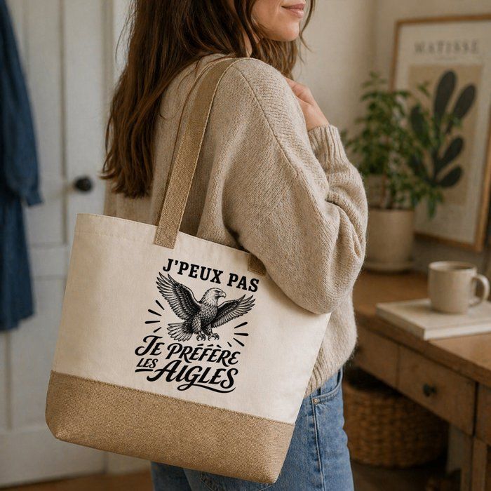 Cabas - PLANETEE - J'peux pas minimaliste (J'peux pas je préfère les Aigles) - Coton lourd - Fond jute - 18 L (48×37×13 cm)