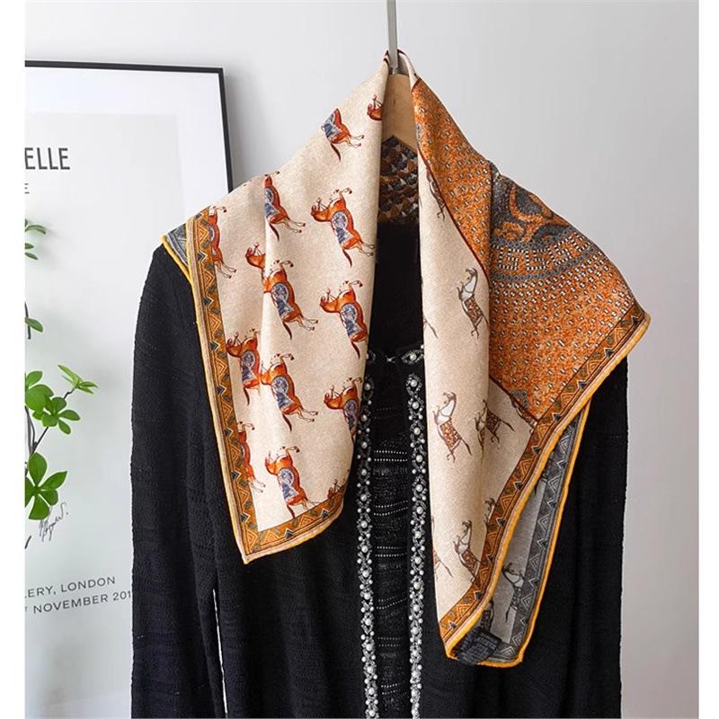 Mulberry silk wool 65 silk wool double-sided heterochromatic square scarf women s spring summer sunscreen scarf handmade hemming silk scarf Standard