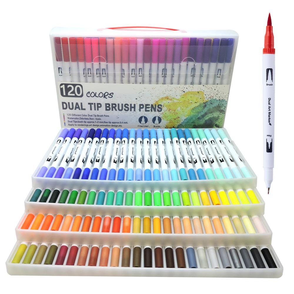 60/120 Colors Dual Tip Brush Art Marker Pens – Watercolor Fineliner & Brush for Manga Coloring Drawing Painting Stationery Supplies