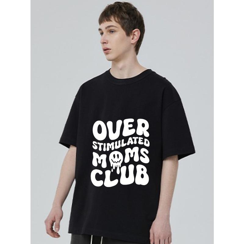 Overstimulated Moms Club T-Shirt Black White Text and Skull Graphic Design for Casual Wear