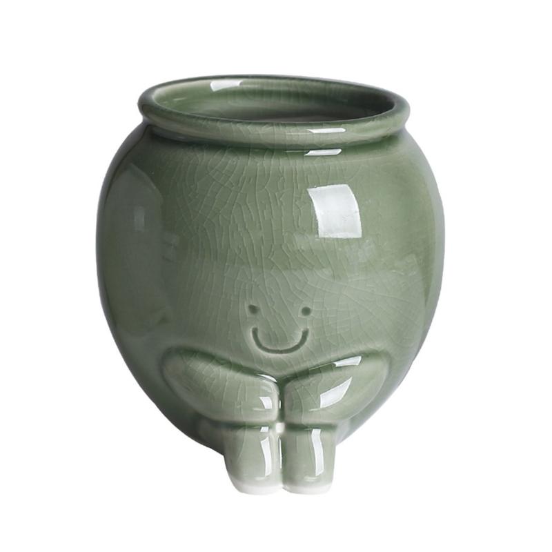 

Glazes Ceramic Flower Pot Smiling Face With Feet Drainage For Small Plant Home Garden Decorative зелений