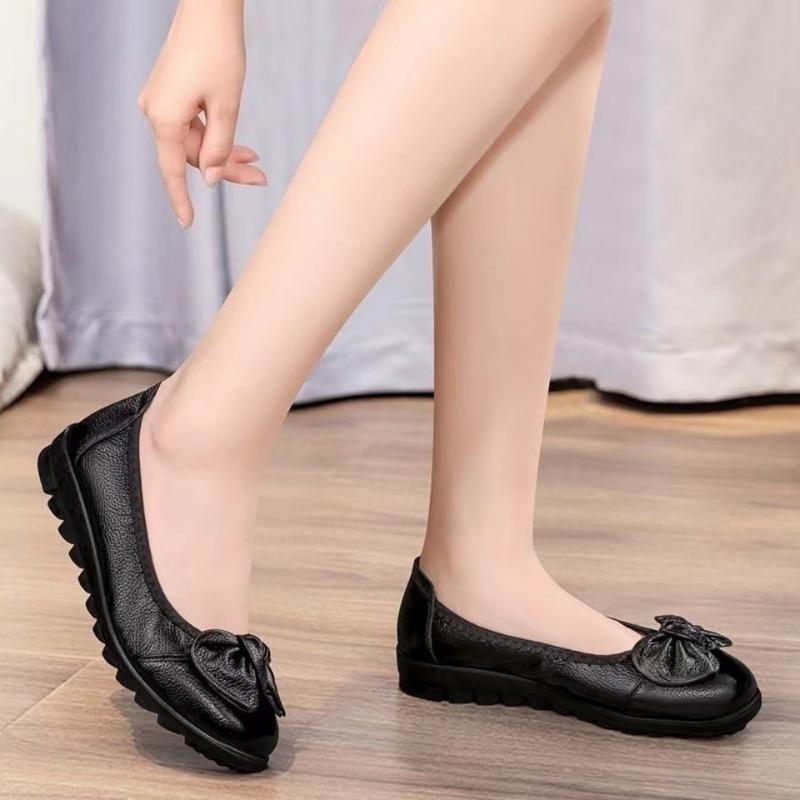 Bow soft sole single shoes female real soft leather shoes spring and summer comfortable leather shoes flat non-slip Doudou shoes