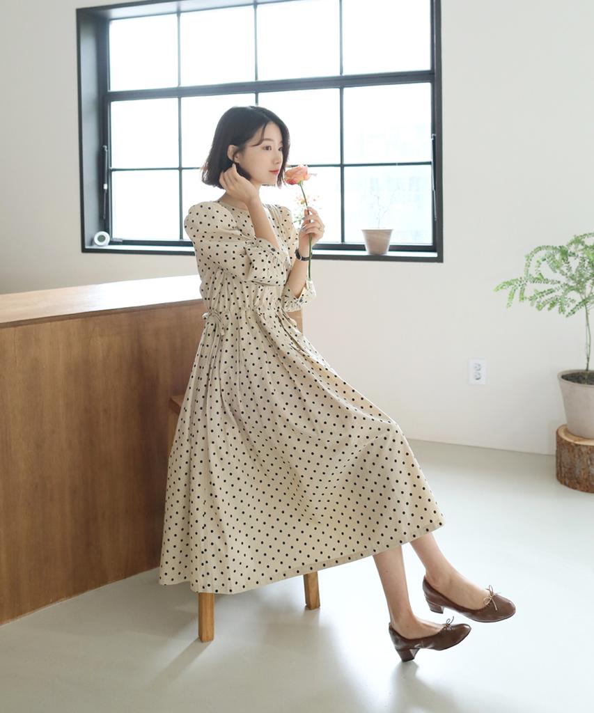 Ppaeppae Waist Ribbon String Dot Long Dress
