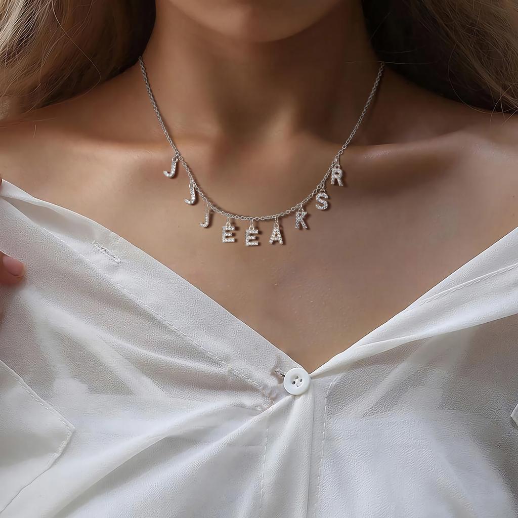 Handmade Personalized Name Necklace for Women Initial Letter Pendant Cubic Zirconia Choker Necklace Stainless Steel Jewelry