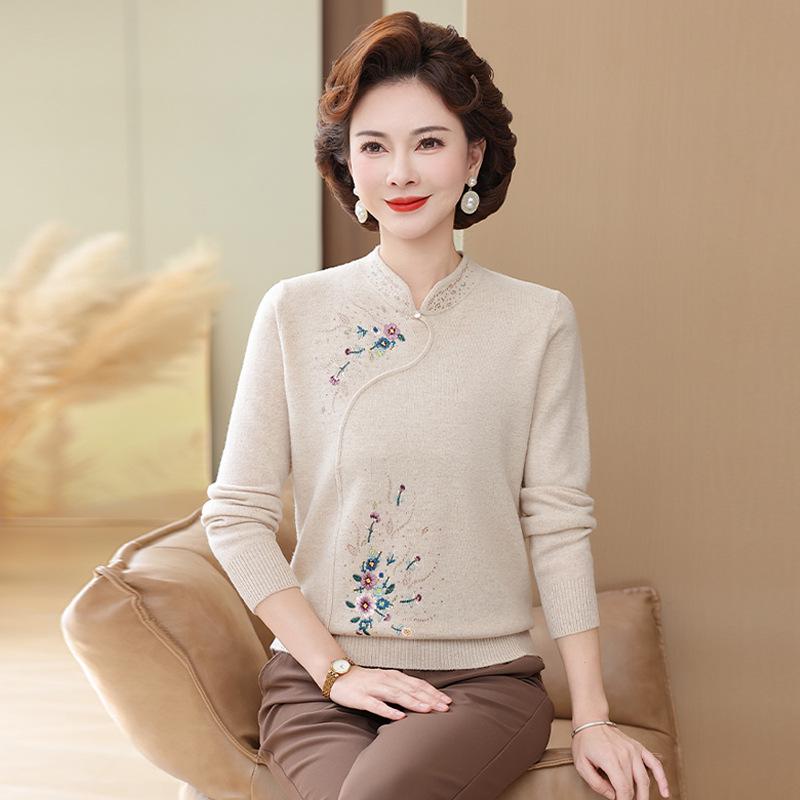 100% Pure Wool Autumn Winter Sweater for Moms - Stylish Qipao Collar Knitwear for Middle-Aged and Elderly Women.