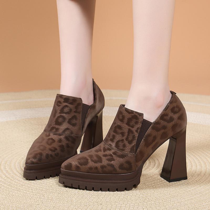 Leopard Print High Heels Spring and Autumn New Pointed Toe Deep Mouth Platform Sole Non-slip Wear-resistant Low-top Single Shoes